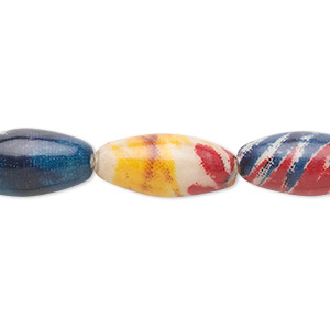 Bead, fabric-covered wood (coated), multicolored, 30x15mm oval. Sold per pkg of 7.