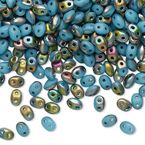 Bead, Preciosa Twin&#153;, Pressed Twin, Czech pressed glass, matte turquoise blue vitrail, 5x2.5mm oval with 2 holes. Sold per 10-gram pkg.