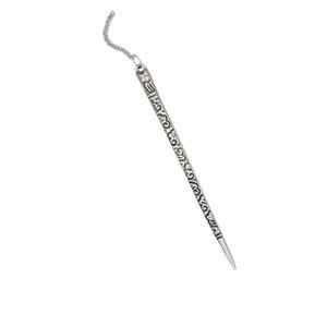 Hair stick, silver-plated brass, 5-1/2 inches with chain. Sold per pair.