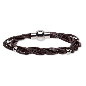Bracelet, 5-strand, leather (dyed) and stainless steel, black, 8mm wide ...