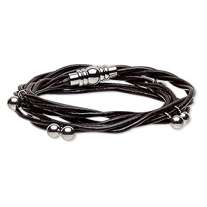 Bracelet, 3-strand wrap, leather (dyed) and stainless steel, dark brown ...