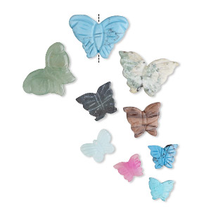 Bead mix, multi-gemstone (natural / dyed / manmade), 15x12-40x28mm hand-carved butterflies, C grade. Sold per pkg of 10.