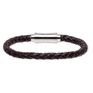 Bracelet, leather (dyed) and stainless steel, brown, 6mm bolo cord, 6-1 ...