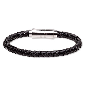 Bracelet, Everyday Jewelry, leather (dyed) and stainless steel, black, 6mm bolo cord, 6-1/2 inches with magnetic clasp. Sold individually.