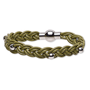 Bracelet, leather (dyed) and stainless steel, green, 11mm wide braided with 5mm round, 7-1/2 inches with magnetic clasp. Sold individually.