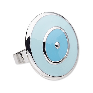 Ring, enamel and antique silver-plated &quot;pewter&quot; (zinc-based alloy), blue and turquoise blue, 32mm round, adjustable. Sold individually.