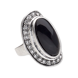 Ring, glass rhinestone / resin / antique silver-plated 