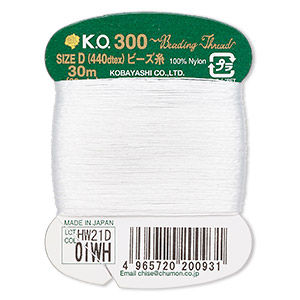 Thread, K.O., waxed nylon, white, 0.15mm diameter, 4-pound test. Sold per  33 yard card. - Fire Mountain Gems and Beads