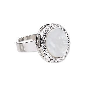 Ring, mother-of-pearl shell (bleached) / glass rhinestone / imitation rhodium-plated &quot;pewter&quot; (zinc-based alloy), white and clear, 20mm round, adjustable. Sold individually.