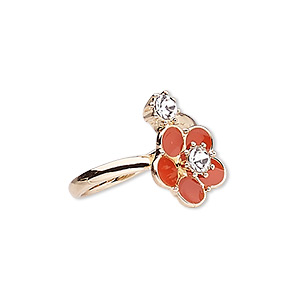 Ring, enamel / glass rhinestone / rose gold-finished &quot;pewter&quot; (zinc-based alloy), orange and clear, 17mm wide with flower, size 8. Sold individually.