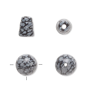 Bead, snowflake obsidian (natural), 9x7mm cone and 10mm T-drilled round, B grade, Mohs hardness 5 to 5-1/2. Sold per pkg of (2) 2-piece sets.