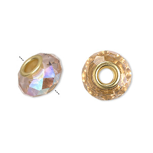 Bead, Dione&reg;, Celestial Crystal&reg; and gold-finished brass, 32-facet, pink AB, 13x9mm-14x10mm faceted rondelle. Sold per pkg of 10.