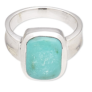 Ring, turquoise (stabilized) and sterling silver, 14x10mm rectangle, size 7-8. Sold individually.