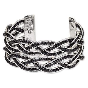 Bracelet, cuff, glass and silver-plated steel, black, 35mm wide with braided design, adjustable from 6-7 inches. Sold individually.