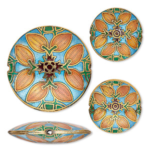 Bead, cloisonn&#233;, enamel and gold-finished copper, multicolored, (2) 24mm and (1) 38mm puffed flat round with leaf design. Sold per 3-piece set.