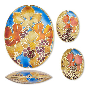 Bead, cloisonn&#233;, enamel and gold-finished copper, multicolored, 24x16mm and 49x38mm puffed oval with grape and leaf design. Sold per 3-piece set.