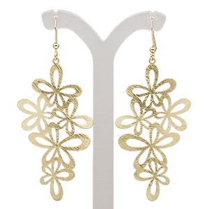 Earring, gold-finished brass, 2-3/4 inches with scratched open