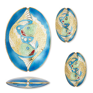 Bead, cloisonn&#233;, enamel and gold-finished copper, multicolored, 30x19mm and 57x40mm puffed oval with double fish design. Sold per 3-piece set.