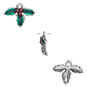 Charm, enamel and pewter (tin-based alloy), green and red, 16x12mm holly leaf. Sold per pkg of 2.