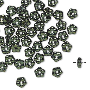 Bead, Preciosa, Czech pressed glass, opaque dark olive luster, 5x2mm forget-me-not flower. Sold per pkg of 50.