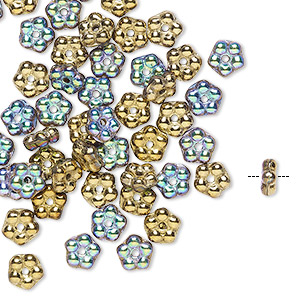 Bead, Preciosa, Czech pressed glass, opaque glittery amber, 5x2mm forget-me-not flower. Sold per pkg of 50.