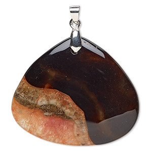 Pendant, red and black agate (dyed) and imitation rhodium-plated brass, 50x43mm teardrop. Sold individually.