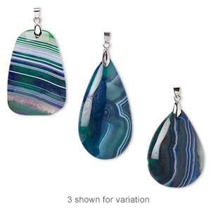 Pendant, agate (dyed) and imitation rhodium-plated brass, green and purple, 50x30mm-65x35mm hand-cut freeform teardrop. Sold individually.