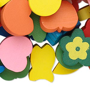 Focal / drop / bead mix, painted wood, mixed colors, 9mm-60x50mm mixed shape. Sold per 1/4 pound pkg, approximately 150 pieces.