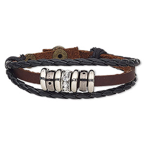 Bracelet, leather (dyed) / glass rhinestone / polyurethane / silver-coated acrylic / antique brass-plated steel / gunmetal- / silver-plated &quot;pewter&quot; (zinc-based alloy), black / brown / clear, 21mm wide, adjustable at 6 and 7 inches with snap closure. Sold individually.