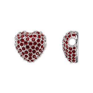 Bead, Dione&reg;, crystal and rhodium-plated pewter (tin-based alloy), red, 14x14mm heart with 3mm hole. Sold individually.