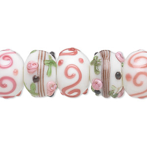 Bead, lampworked glass, multicolored, 13x8mm-15x11mm bumpy rondelle with assorted flower and swirl designs. Sold per pkg of 20.