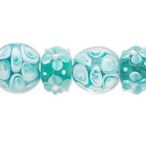 Bead, lampworked glass, clear / white / aqua, 13mm-18x10mm bumpy rondelle with flower design and 13-18mm puffed flat round with flower design. Sold per pkg of 16.