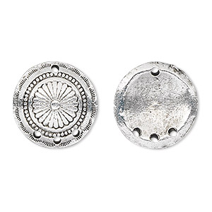 Drop, antique silver-plated pewter (tin-based alloy), 18mm concho disc with flower. Sold per pkg of 2.