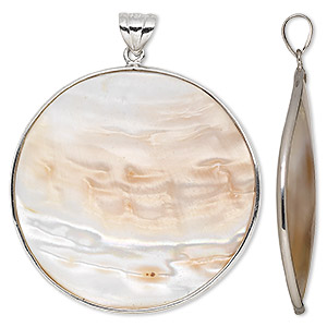 Pendant, blister pearl shell (natural) and sterling silver, 38-40mm round. Sold individually.