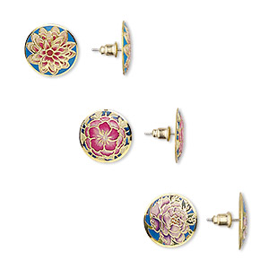 Earring mix, enamel / steel / antique brass-plated brass, multicolored, 20mm round with flower design and post. Sold per pkg of 3 pairs.