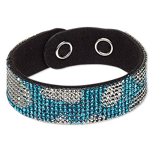 Bracelet, glass rhinestone / faux suede / imitation rhodium-plated brass, black / teal blue / metallic silver, 20mm wide, adjustable at 6 and 6-1/2 inches with snap closure. Sold individually.