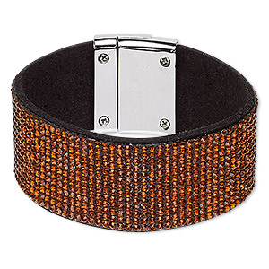 Bracelet, glass rhinestone / faux suede / imitation rhodium-plated &quot;pewter&quot; (zinc-based alloy), black and brown, 31mm wide, 6-1/2 inches with magnetic clasp. Sold individually.
