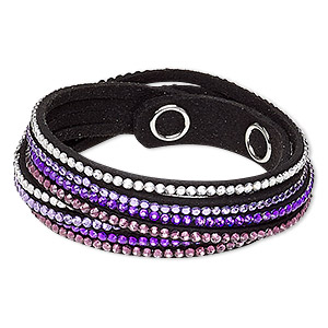 Bracelet, 4-strand wrap, acrylic rhinestone / faux suede / imitation rhodium-plated brass, black / clear / multi-purple, 13mm wide, adjustable at 6-1/2 and 7 inches with snap closure. Sold individually.