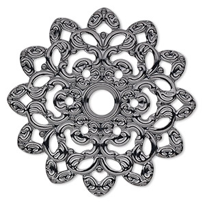 Focal, gunmetal-plated steel, 47x47mm single-sided fancy flower with 6mm center hole. Sold per pkg of 6.