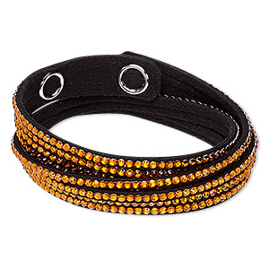 Bracelet, 4-strand wrap, acrylic rhinestone / faux suede / imitation rhodium-plated brass, black and orange, 13mm wide, adjustable at 6 and 7 inches with snap closure. Sold individually.
