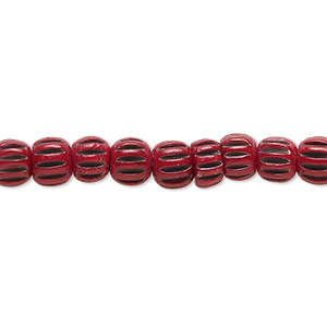 Bead, bone (dyed), red and black, 5x4mm corrugated barrel. Sold per 15-1/2&quot; to 16&quot; strand.