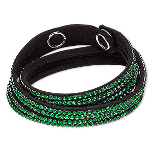 Bracelet, 4-strand wrap, acrylic rhinestone / faux suede / imitation rhodium-plated brass, black and green, 13mm wide, adjustable at 6 and 6-1/2 inches with snap closure. Sold individually.