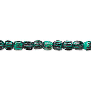 Bead, bone (dyed), green and black, 5x4mm corrugated barrel. Sold per 15-1/2&quot; to 16&quot; strand.