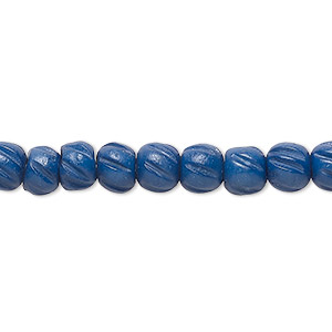 Bead, bone (dyed), blue and black, 5x4mm corrugated barrel. Sold per 15-1/2&quot; to 16&quot; strand.