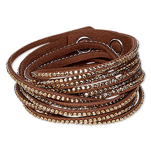 Bracelet, 6-strand wrap, acrylic rhinestone / faux suede / imitation rhodium-plated brass, light brown and clear, 19mm wide, adjustable at 6 and 6-1/2 inches with snap closure. Sold individually.