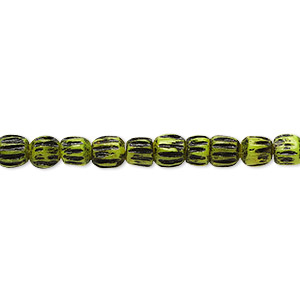 Bead, bone (dyed), lime green and black, 5x4mm corrugated barrel. Sold per 15-1/2&quot; to 16&quot; strand.