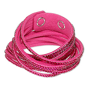Bracelet, 6-strand wrap, acrylic rhinestone / faux suede / imitation rhodium-plated brass, hot pink and magenta, 19mm wide, adjustable at 6 and 6-1/2 inches with snap closure. Sold individually.
