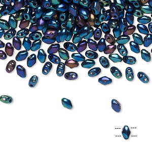 Bead, Preciosa Mini Twin&#153;, Mini Pressed Twin, Czech pressed glass, opaque black iris blue, 4x2.5mm oval with (2) 0.7mm holes. Sold per 10-gram pkg.