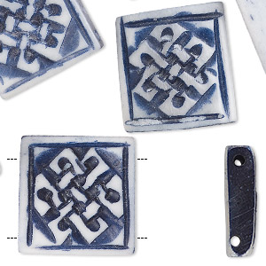 Bead, bone (dyed), denim blue, 19x5mm hand-carved double-drilled single-sided square with knot design, Mohs hardness 2-1/2. Sold per pkg of 8.