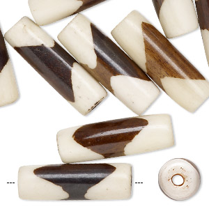 Bead, bone (dyed), brown and white, 24x8mm-26x10mm round tube, Mohs hardness 2-1/2. Sold per pkg of 12.